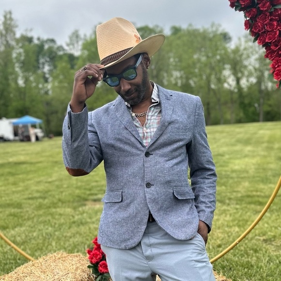 H&M Light Blue Blazer Jacket Size 42R Slim Fit Cotton Elbow Patch Sportcoat - Picture 5 of 11